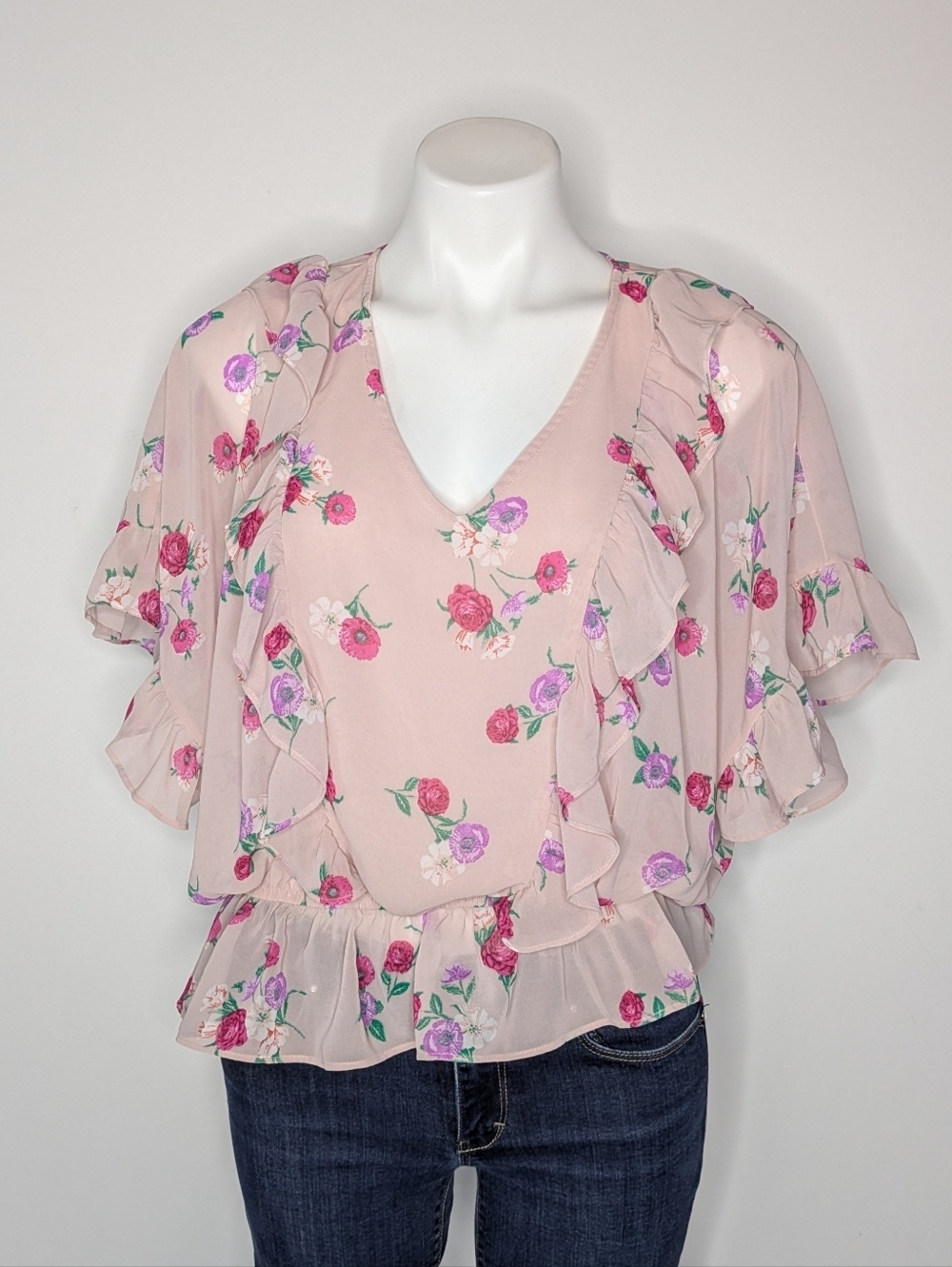 Express Pink Purple Sheer Floral Chiffon Ruffle V Neck Short Sleeve Blouse S